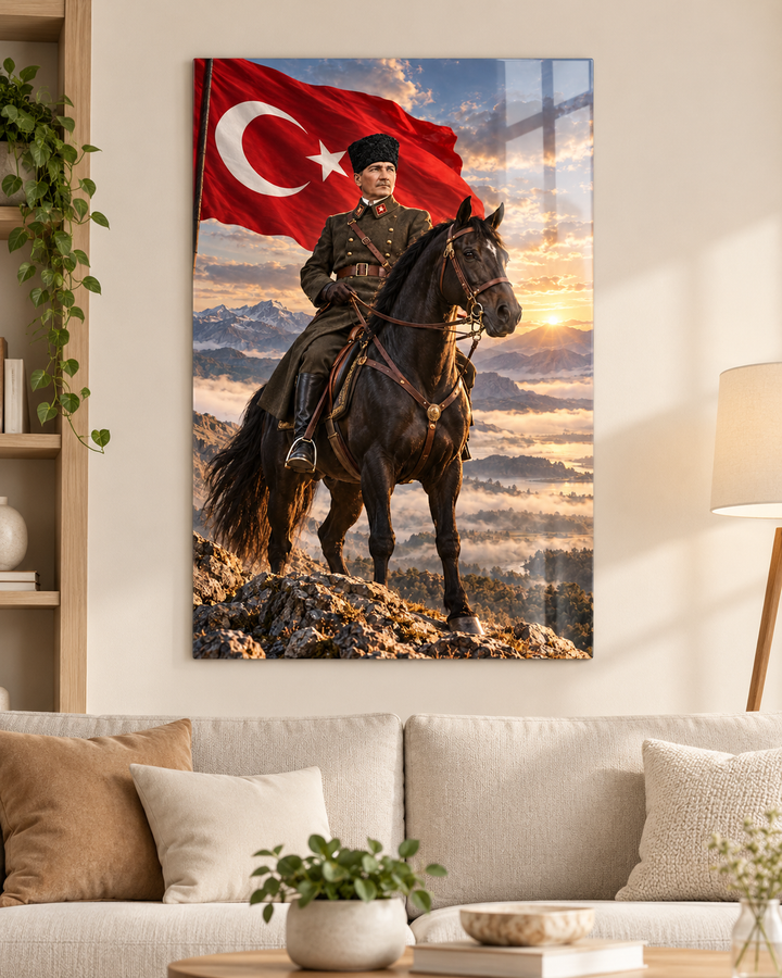 At Üstünde Atatürk ve Türk Bayrağı Temperli Cam Tablo – görünüm 2