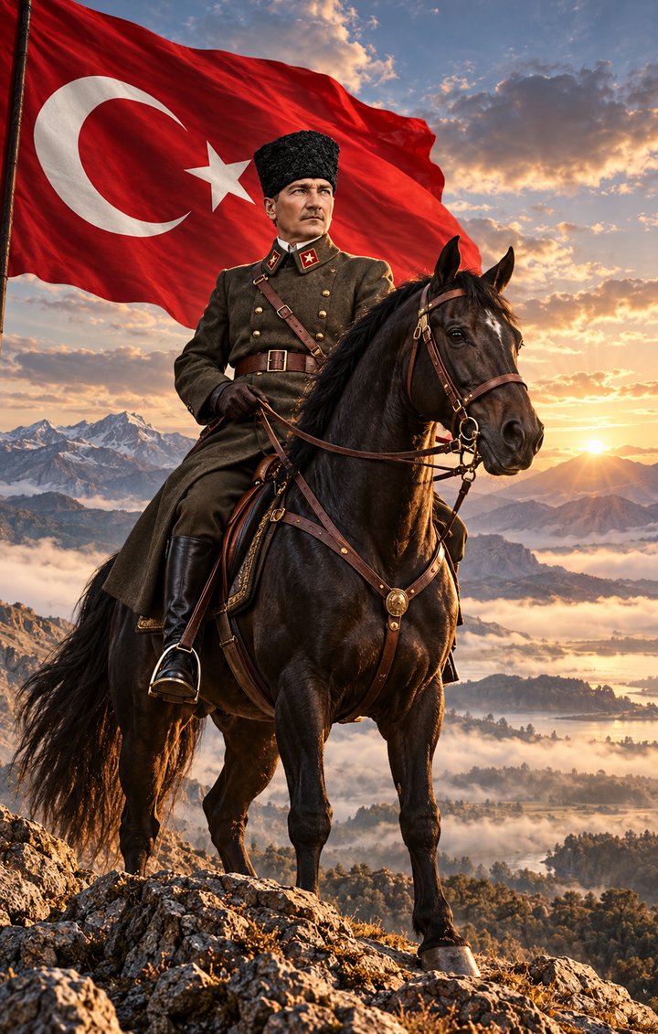 At Üstünde Atatürk ve Türk Bayrağı Temperli Cam Tablo – görünüm 1