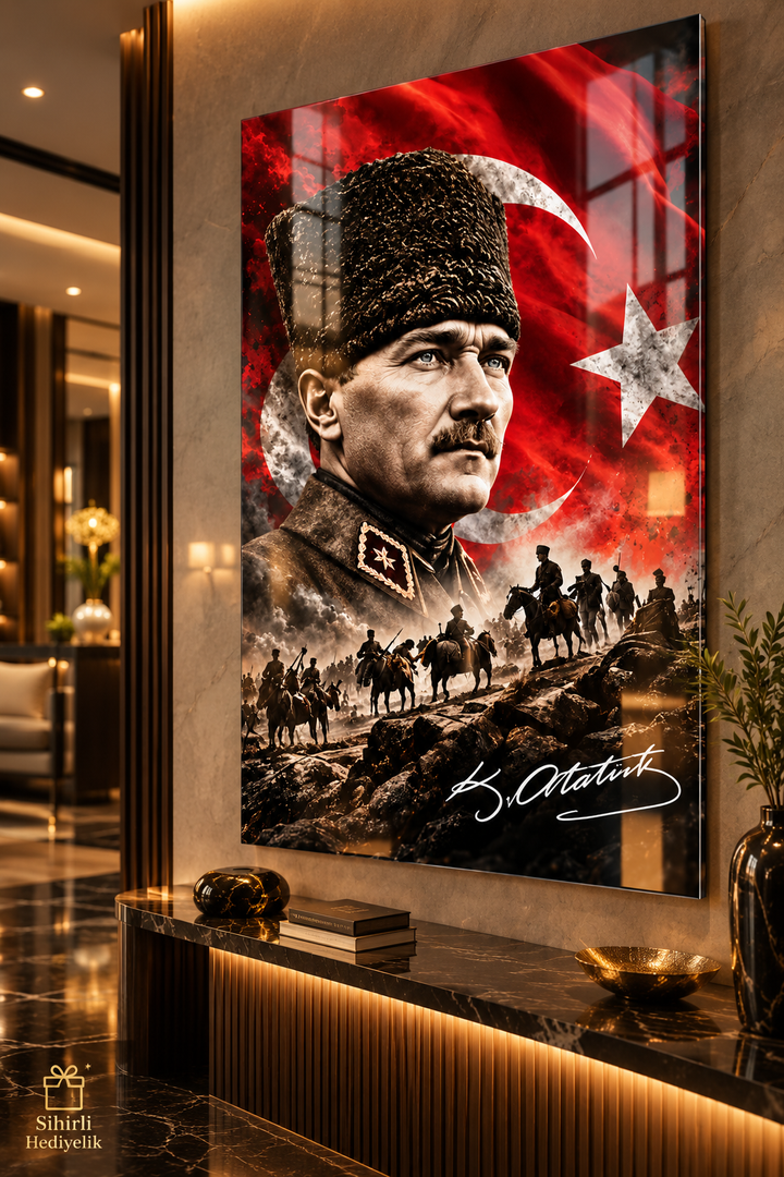 Atatürk ve Türk Bayrağı Temalı Temperli Cam Tablo – Model 18