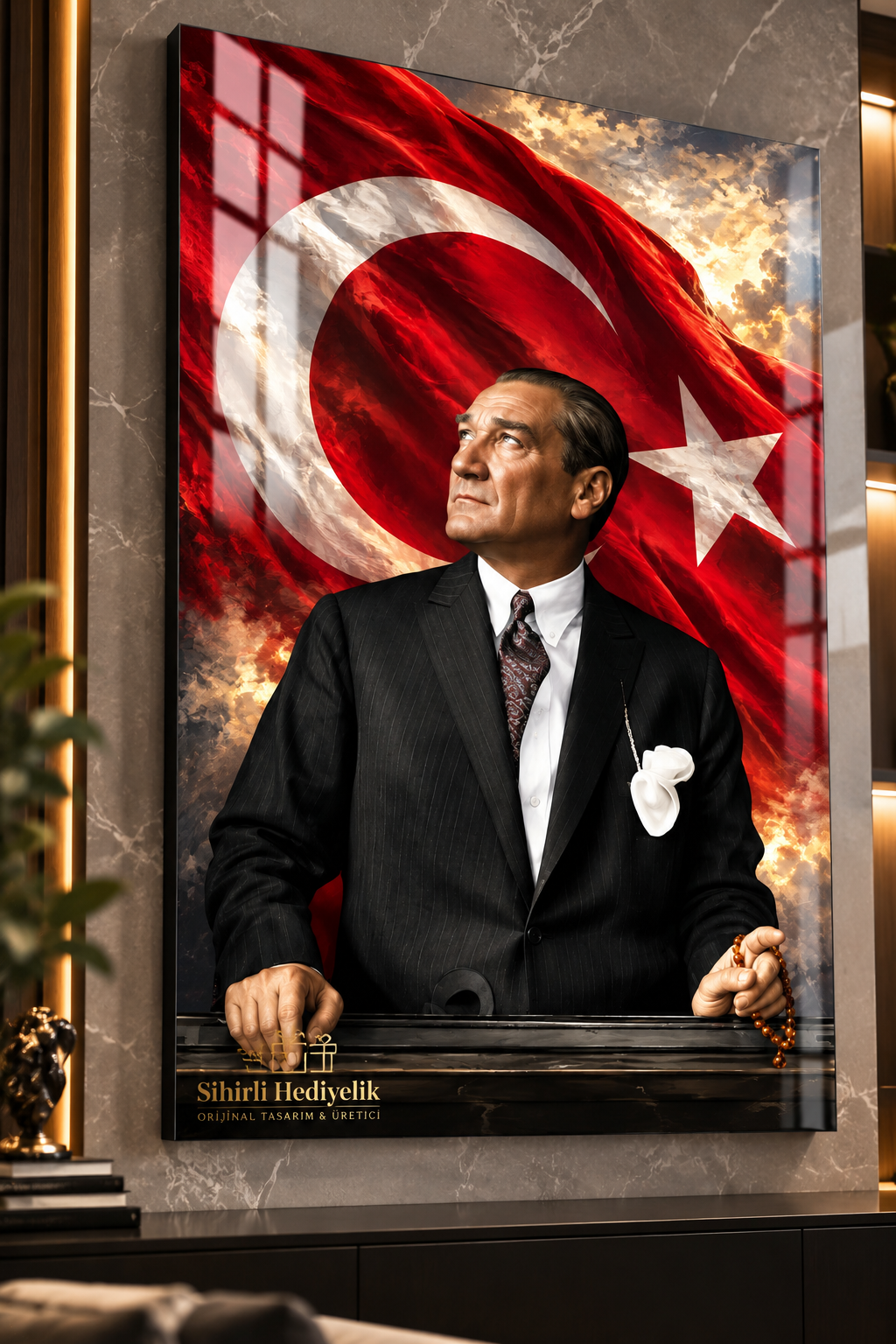 Atatürk ve Türk Bayrağı Temalı Temperli Cam Tablo – Model 07