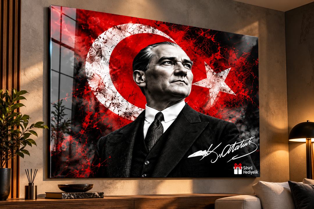 Atatürk ve Türk Bayrağı Temalı Temperli Cam Tablo – Model 14