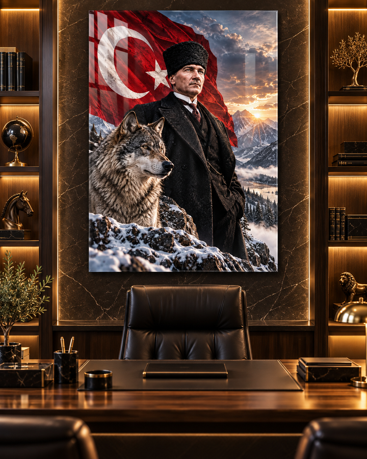 Atatürk ve Bozkurt Karlı Dağlar Temperli Cam Tablo – görünüm 1