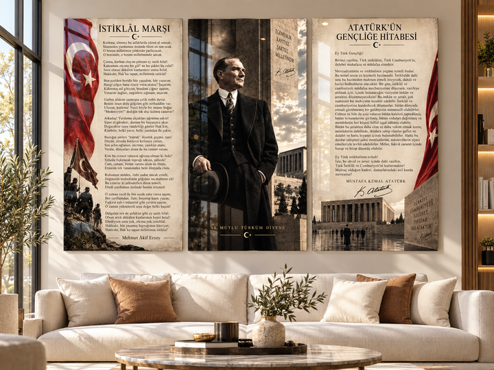 Atatürk, İstiklal Marşı ve Gençliğe Hitabe 3’lü Cam Tablo Seti – Model 25 – görünüm 1