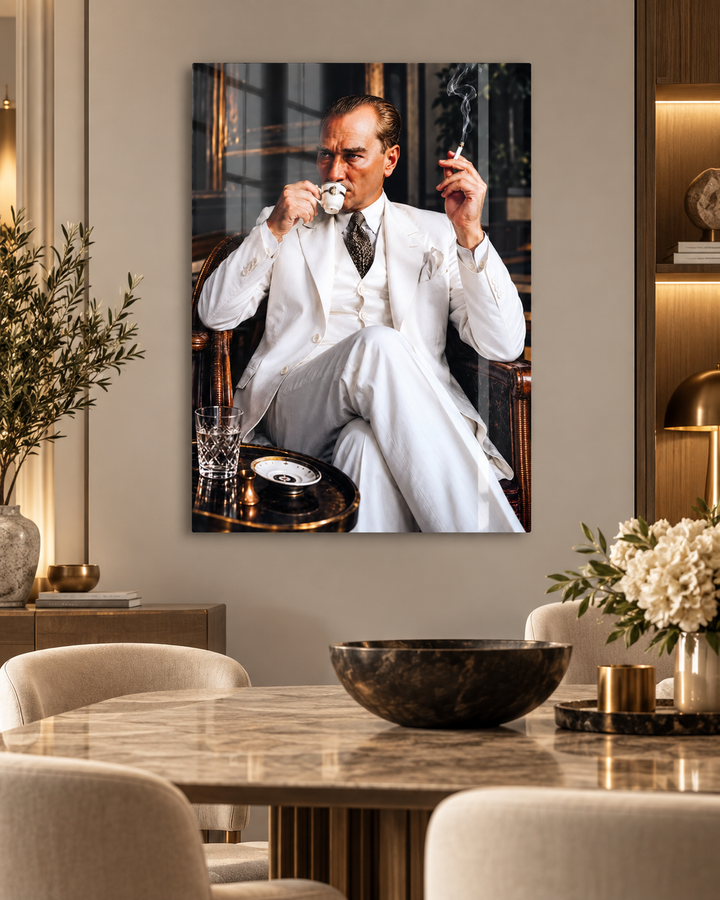 Beyaz Takım Elbiseli Atatürk Portresi Temperli Cam Tablo – görünüm 1