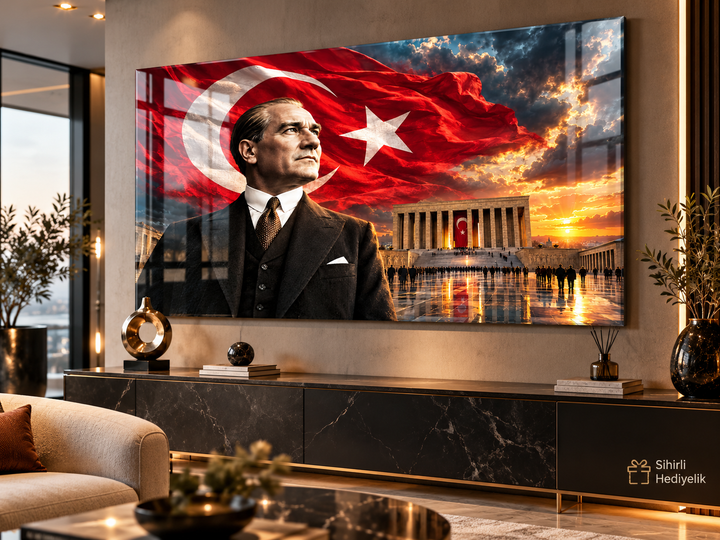 Atatürk ve Türk Bayrağı Temalı Temperli Cam Tablo – Model 33