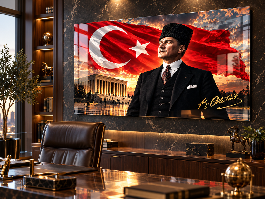 Atatürk ve Türk Bayrağı Temalı Temperli Cam Tablo – Model 11