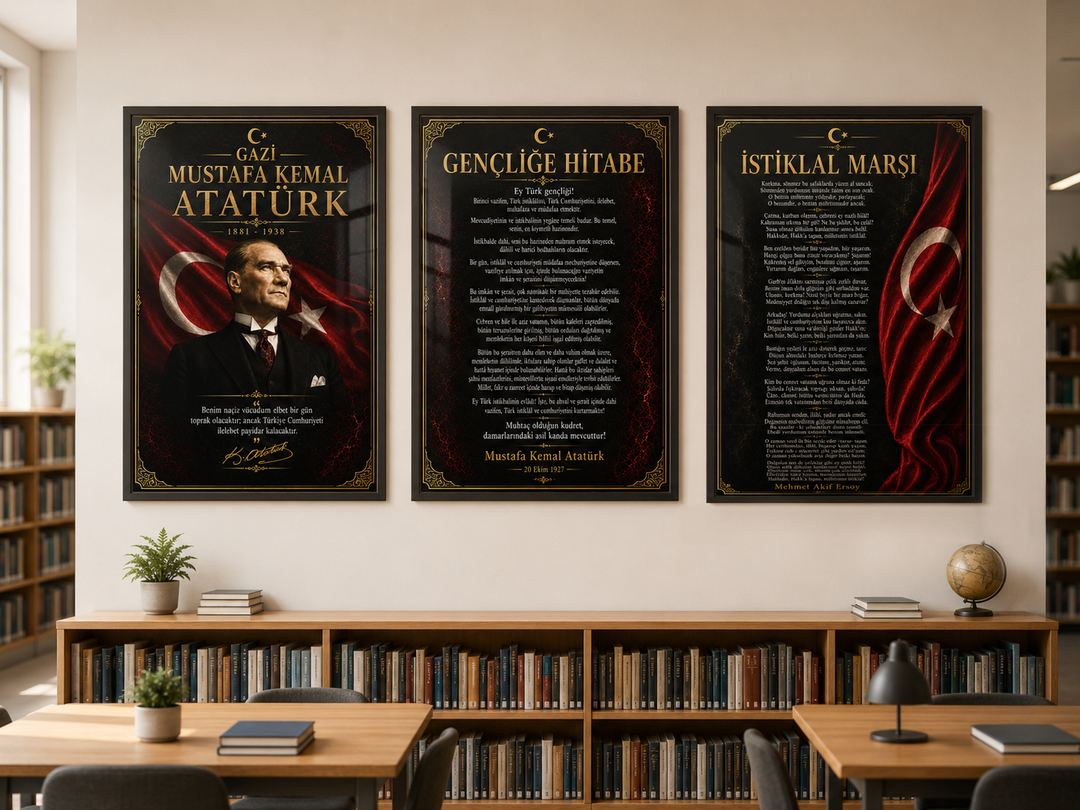 Atatürk 3’lü Cam Tablo Seti – İstiklal Marşı ve Gençliğe Hitabe