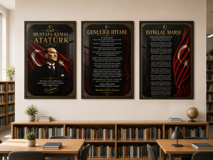 Atatürk 3’lü Cam Tablo Seti – İstiklal Marşı ve Gençliğe Hitabe