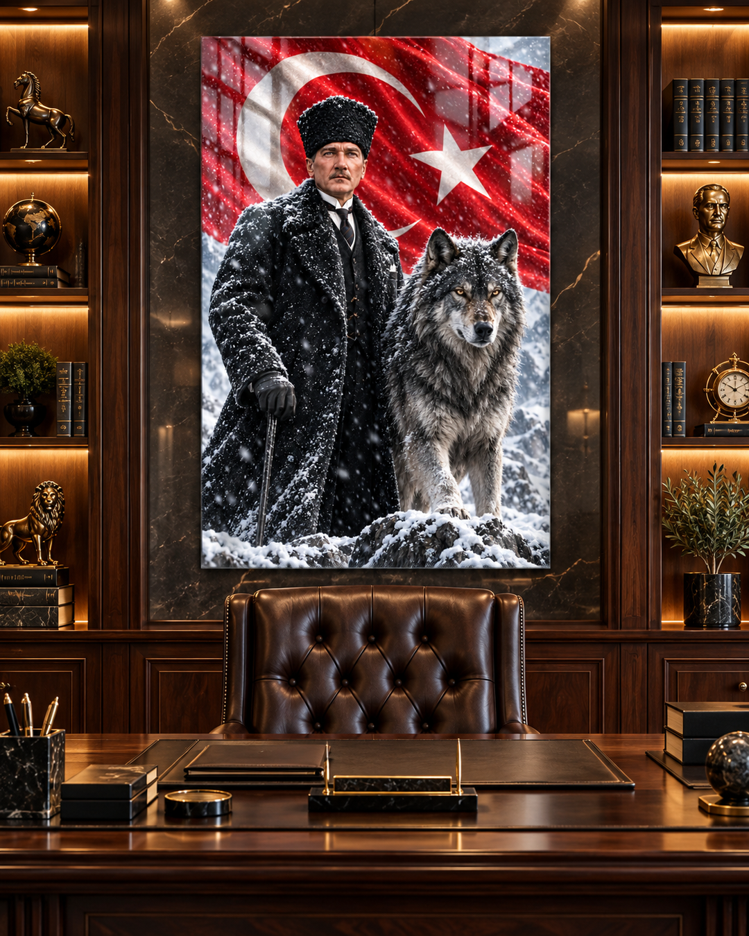 Atatürk, Bozkurt ve Türk Bayrağı Kış Manzaralı Temperli Cam Tablo – görünüm 1