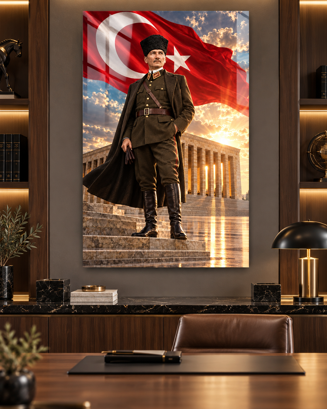 Anıtkabir ve Türk Bayrağı Önünde Tam Boy Atatürk Temperli Cam Tablo – görünüm 1