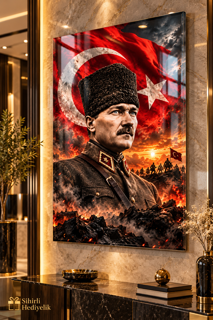 Atatürk ve Türk Bayrağı Temalı Temperli Cam Tablo – Model 22