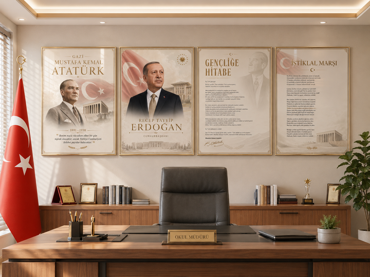 Atatürk ve Erdoğan 4’lü Cam Tablo Seti – Kurumsal Dekor – duvar dekorasyonu görünümü