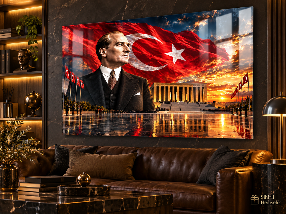 Atatürk ve Türk Bayrağı Temalı Temperli Cam Tablo – Model 01