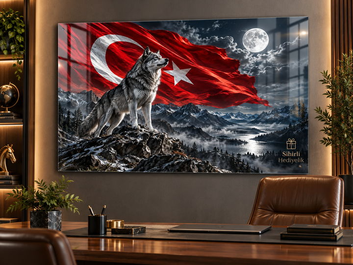Bozkurt ve Türk Bayrağı Temalı Temperli Cam Tablo – Model 24