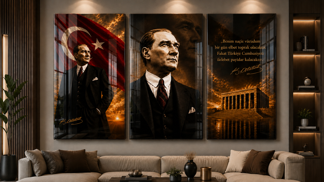 Atatürk 3’lü Cam Tablo Seti – Cumhuriyet Ruhunu Duvarlarınıza Taşıyın
