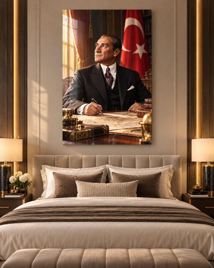 Çalışma Odasında Atatürk ve Türk Bayrağı Temperli Cam Tablo – görünüm 1