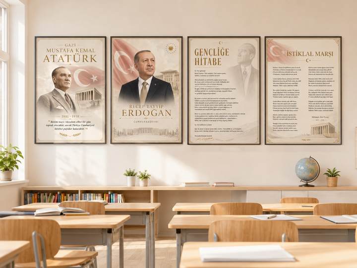 Atatürk ve Erdoğan 4’lü Cam Tablo Seti – Kurumsal Dekor – yakın plan ürün görünümü