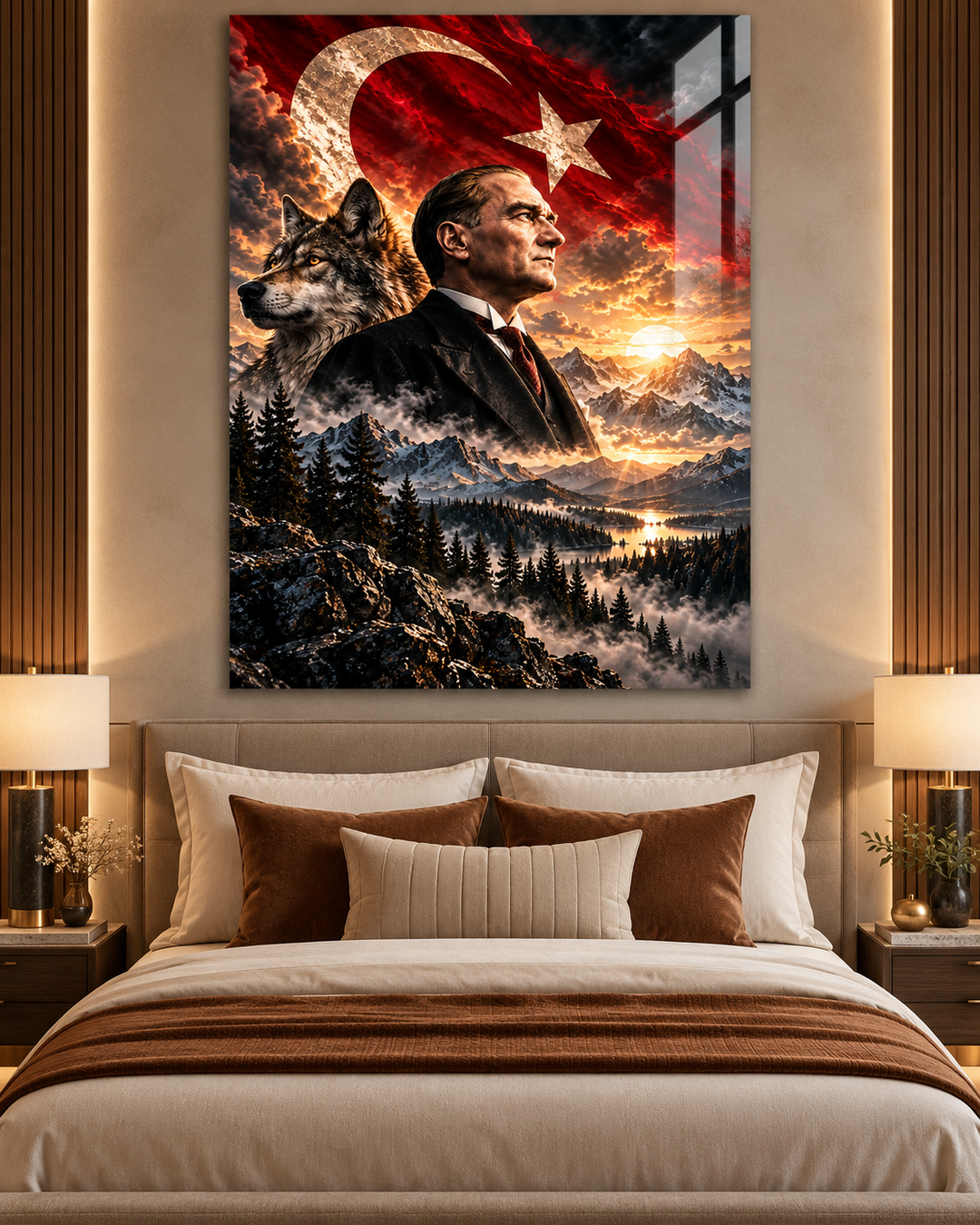 Atatürk Portresi ve Bozkurt Türk Bayrağı Temperli Cam Tablo – görünüm 1