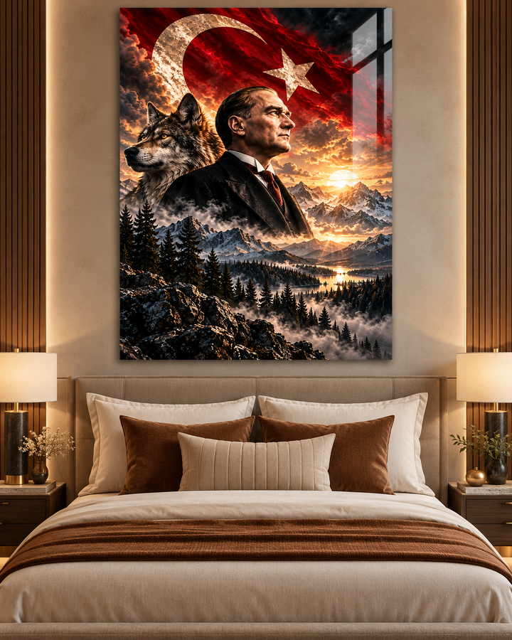 Atatürk Portresi ve Bozkurt Türk Bayrağı Temperli Cam Tablo – görünüm 1