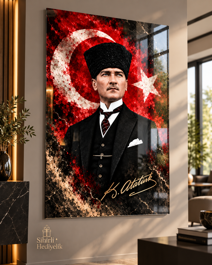 Atatürk ve Türk Bayrağı Temalı Temperli Cam Tablo – Model 16