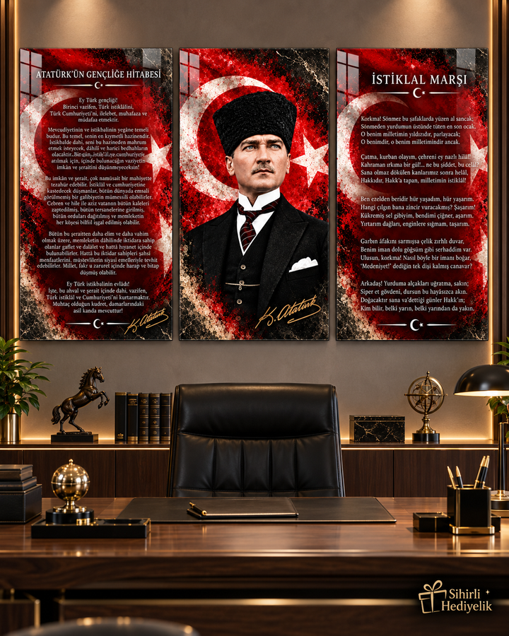 Atatürk, Gençliğe Hitabe ve İstiklal Marşı Cam Tablo Seti – Model 17