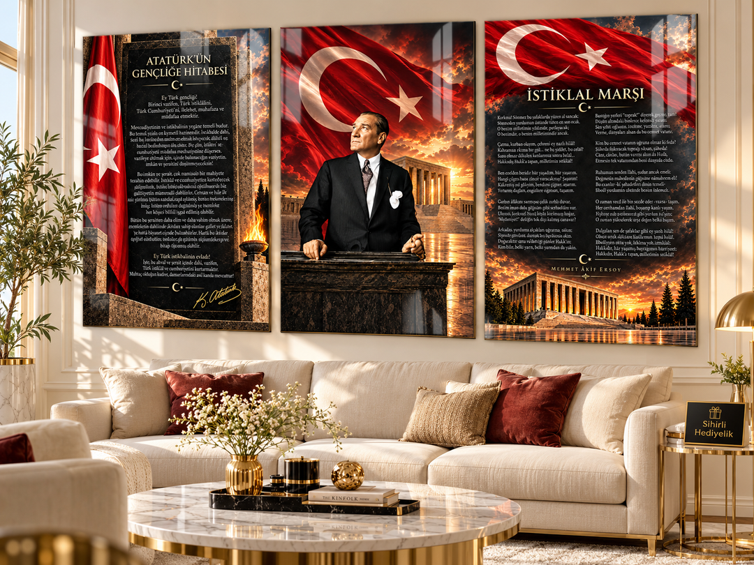 Atatürk, Gençliğe Hitabe ve İstiklal Marşı Cam Tablo Seti – Model 29