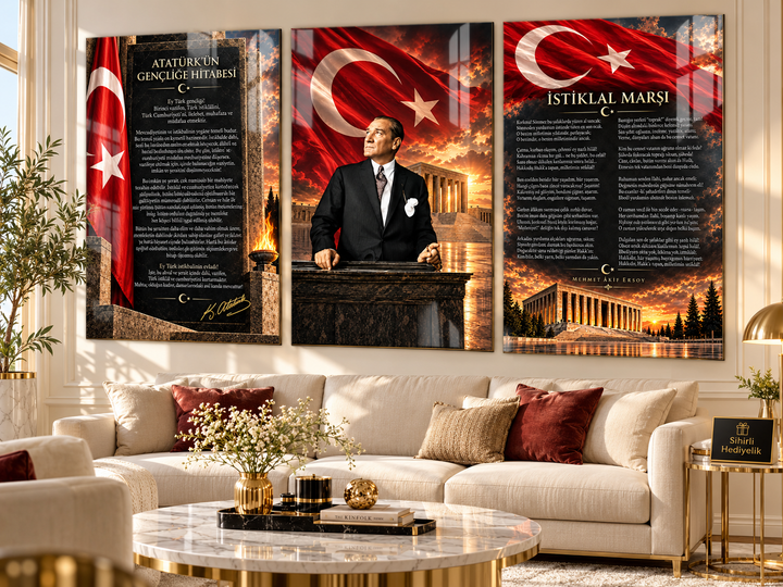 Atatürk, Gençliğe Hitabe ve İstiklal Marşı Cam Tablo Seti – Model 29