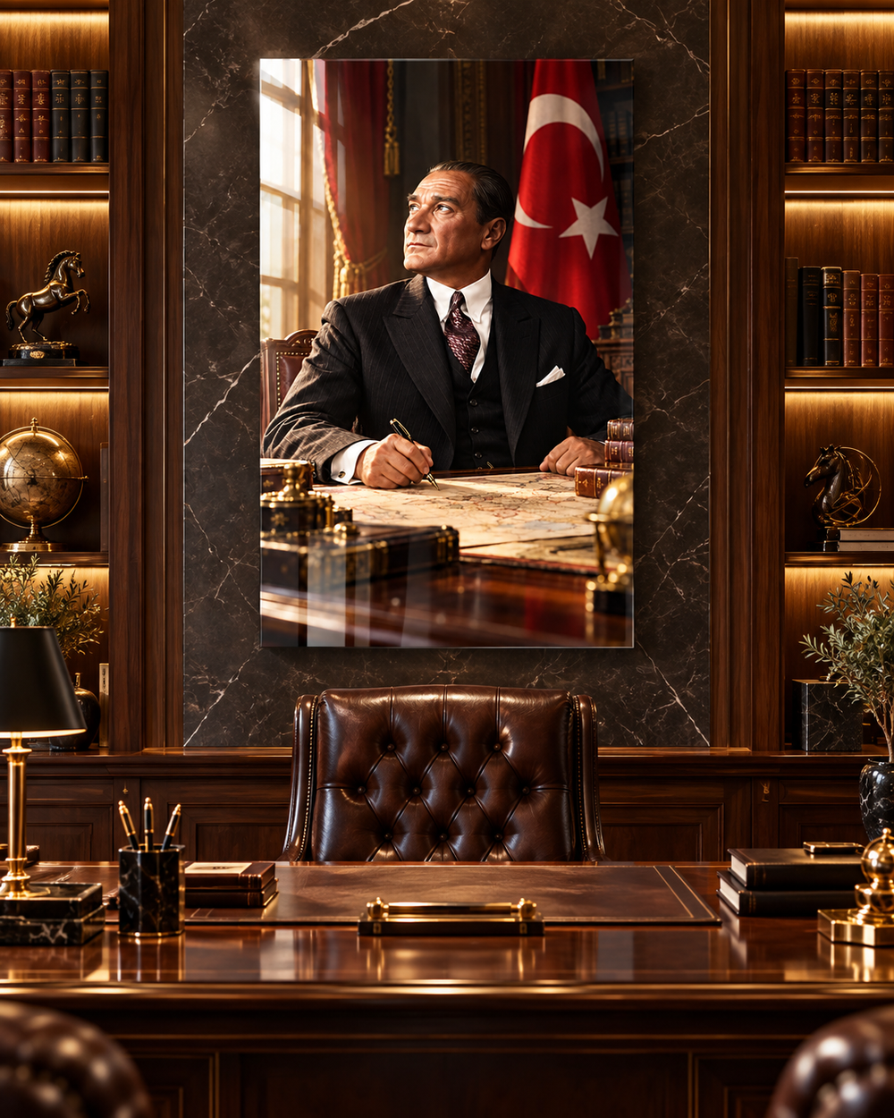 Çalışma Odasında Atatürk ve Türk Bayrağı Temperli Cam Tablo – görünüm 2