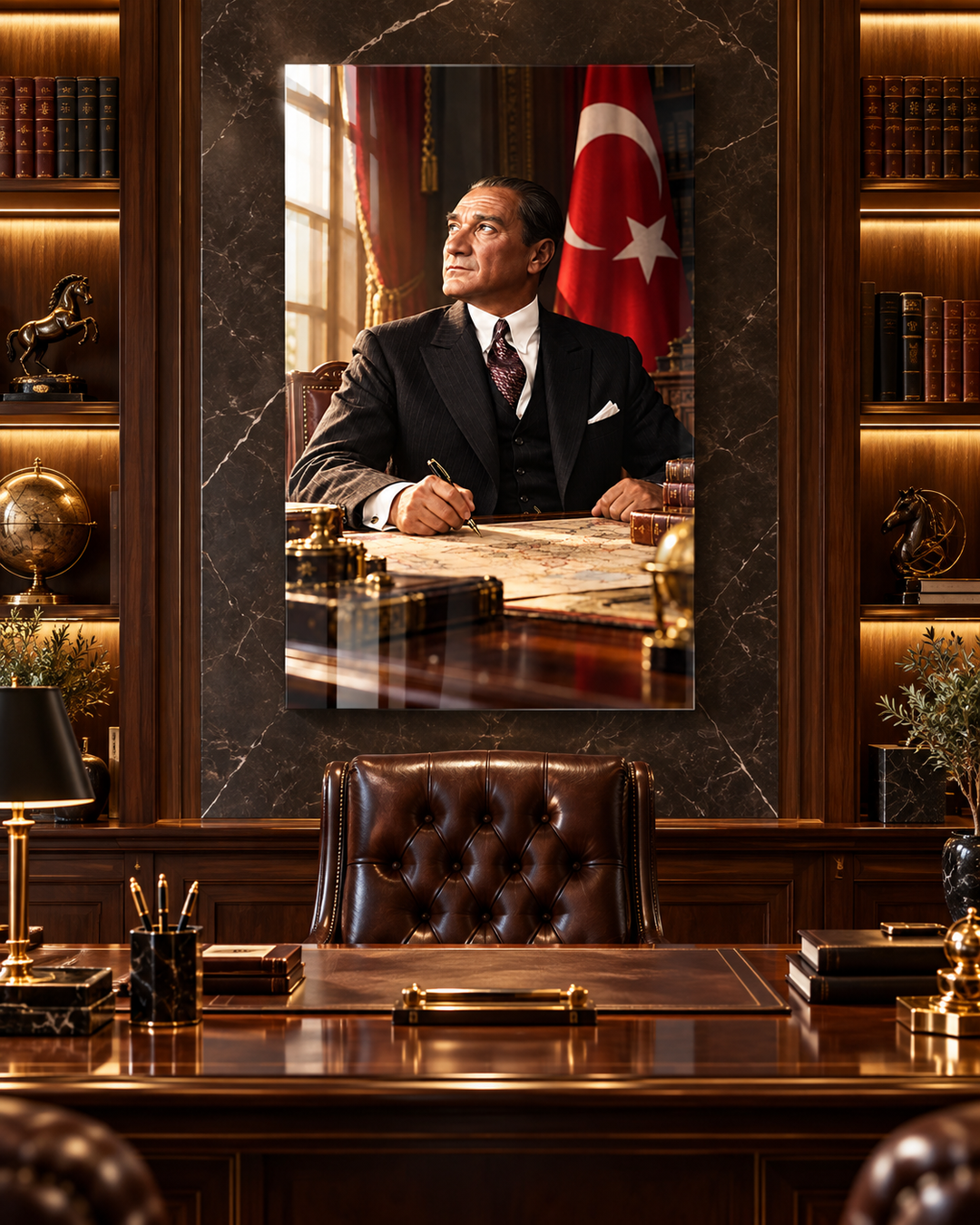 Çalışma Odasında Atatürk ve Türk Bayrağı Temperli Cam Tablo – görünüm 2
