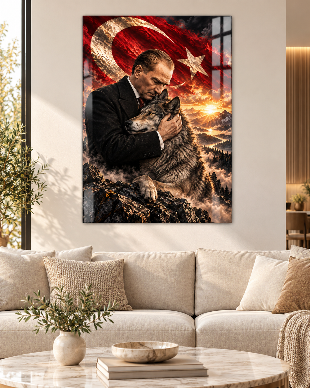 Atatürk ve Bozkurt Türk Bayrağı Temalı Temperli Cam Tablo – görünüm 2