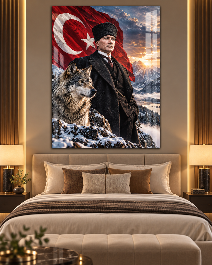 Atatürk ve Bozkurt Karlı Dağlar Temperli Cam Tablo – görünüm 2