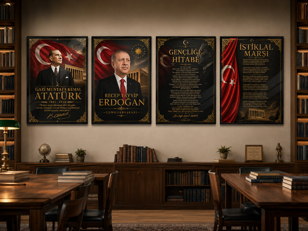 Atatürk ve Erdoğan 4’lü Cam Tablo Seti – Atatürk Köşesi – duvar dekorasyonu görünümü