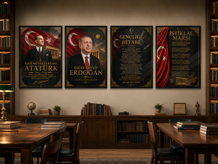 Atatürk ve Erdoğan 4’lü Cam Tablo Seti – Atatürk Köşesi – duvar dekorasyonu görünümü