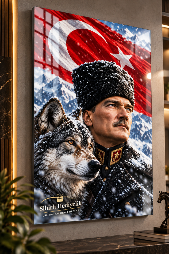Atatürk ve Türk Bayrağı Dekoratif Temperli Cam Tablo – Model 03
