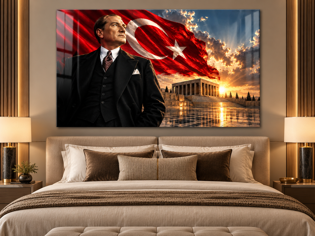 Atatürk, Türk Bayrağı ve Anıtkabir Gün Batımı Temperli Cam Tablo – görünüm 1