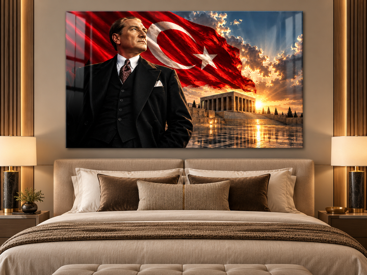 Atatürk, Türk Bayrağı ve Anıtkabir Gün Batımı Temperli Cam Tablo – görünüm 1