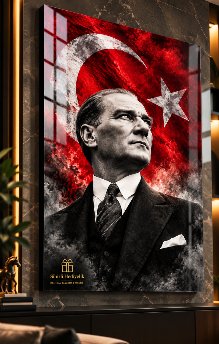 Atatürk ve Türk Bayrağı Temalı Temperli Cam Tablo – Model 10