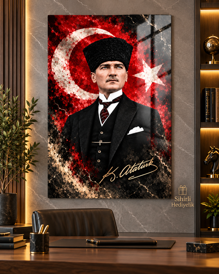 Atatürk ve Türk Bayrağı Temalı Temperli Cam Tablo – Model 16