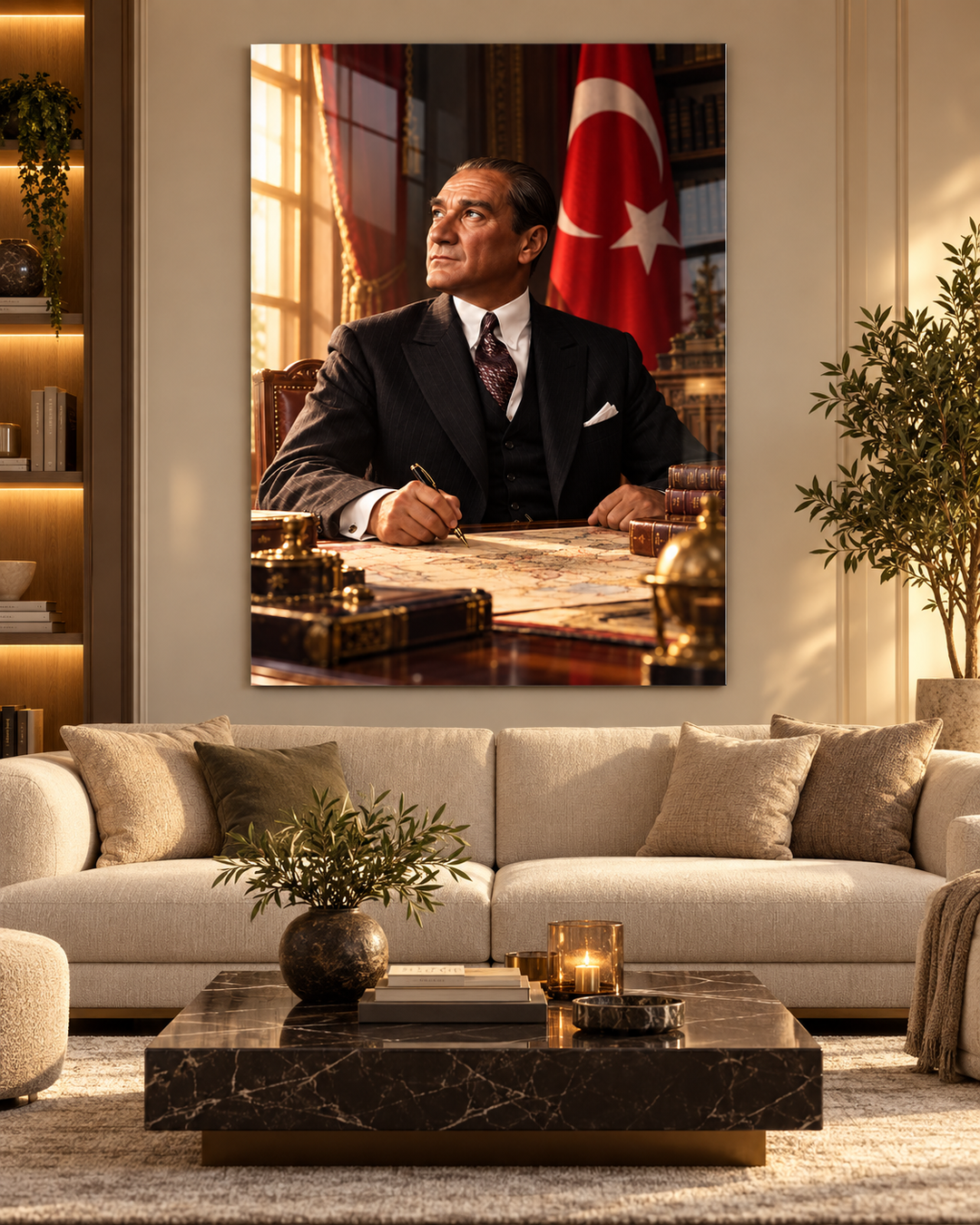 Çalışma Odasında Atatürk ve Türk Bayrağı Temperli Cam Tablo – görünüm 3