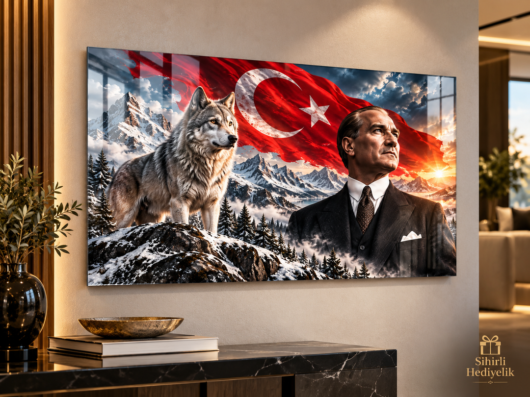 Atatürk ve Bozkurt Temalı Temperli Cam Tablo – Model 32