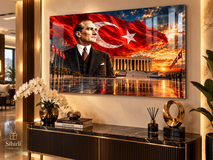 Atatürk ve Türk Bayrağı Temalı Temperli Cam Tablo – Model 35