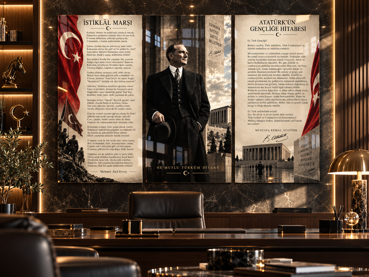 Atatürk, İstiklal Marşı ve Gençliğe Hitabe 3’lü Cam Tablo Seti – Model 25 – görünüm 2