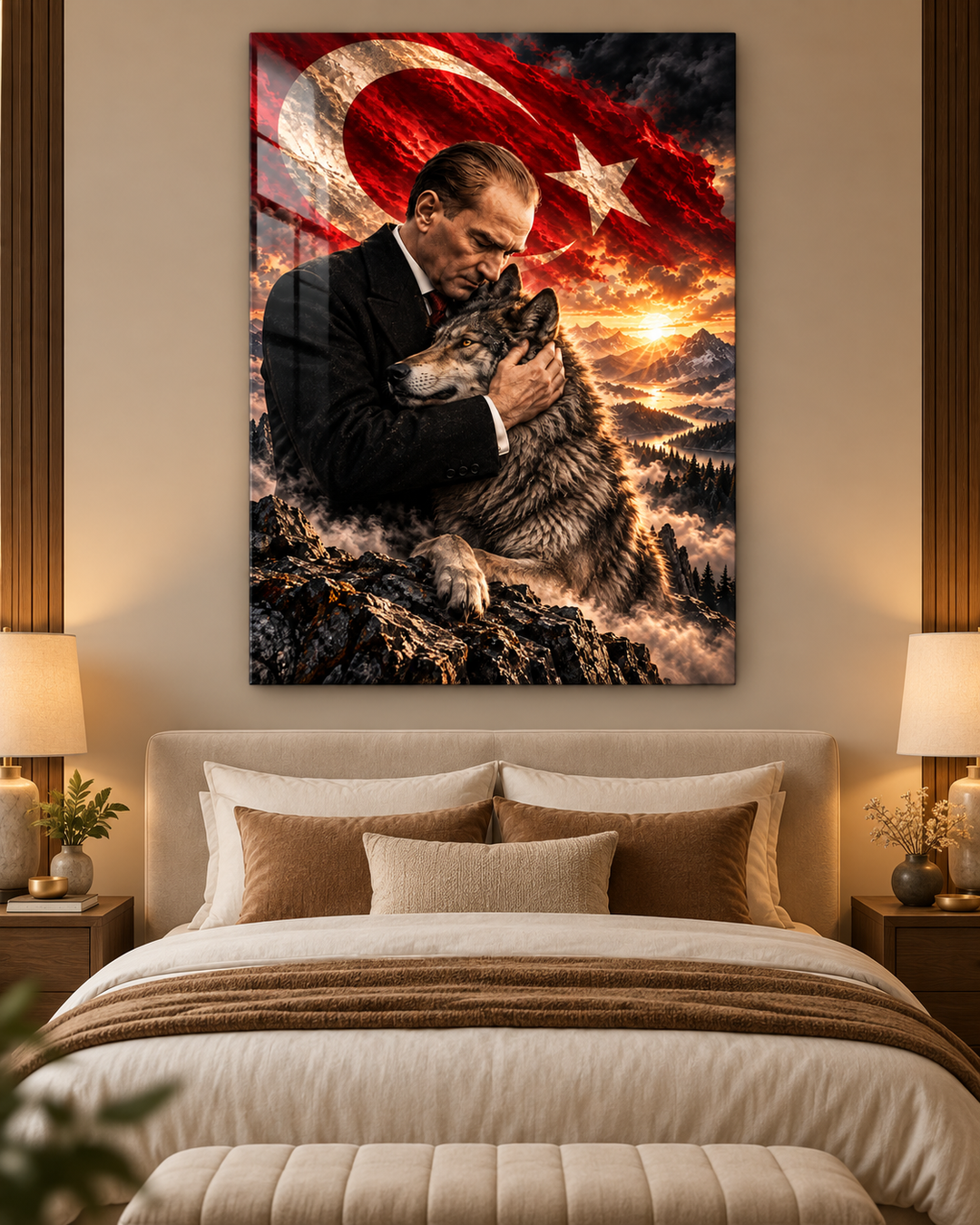 Atatürk ve Bozkurt Türk Bayrağı Temalı Temperli Cam Tablo – görünüm 4