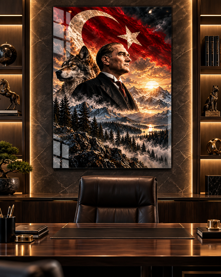 Atatürk Portresi ve Bozkurt Türk Bayrağı Temperli Cam Tablo – görünüm 2