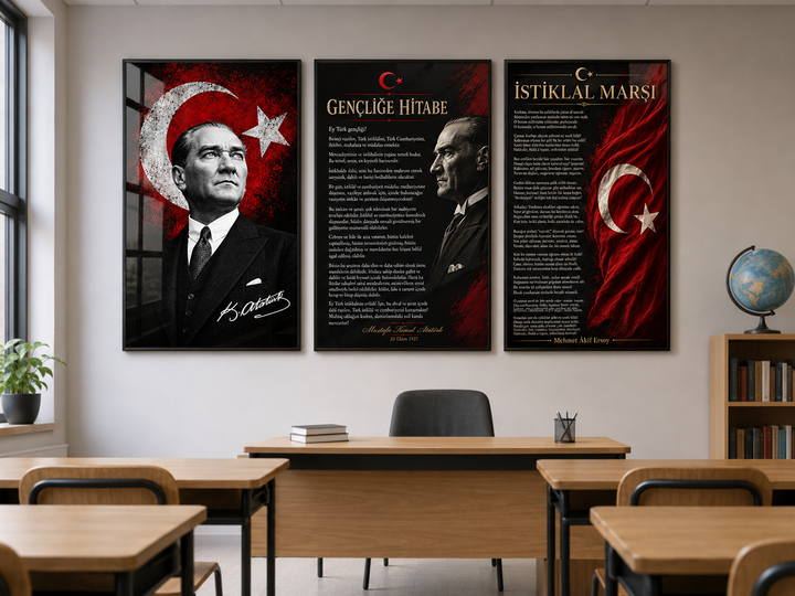 Atatürk 3’lü Cam Tablo Seti – Makam Odası Dekoru