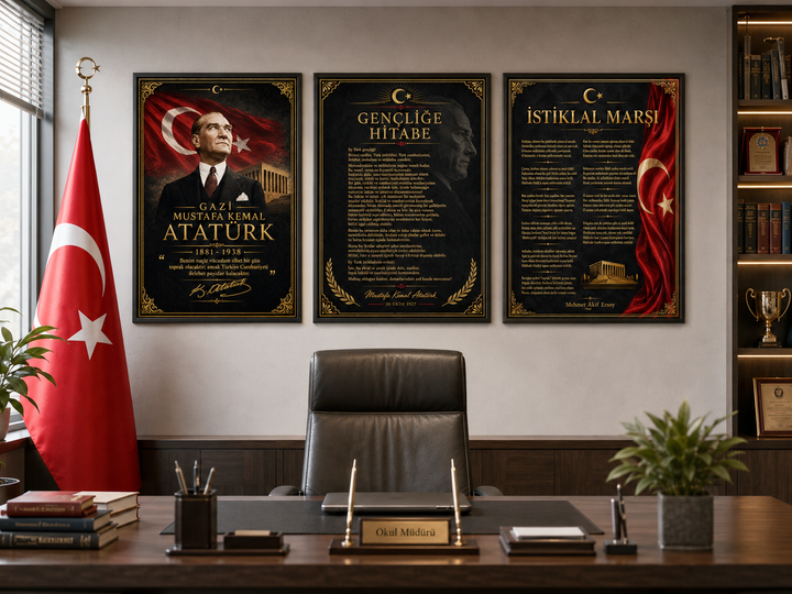 Atatürk 3’lü Cam Tablo Seti – Modern Duvar Dekoru – duvar dekorasyonu görünümü