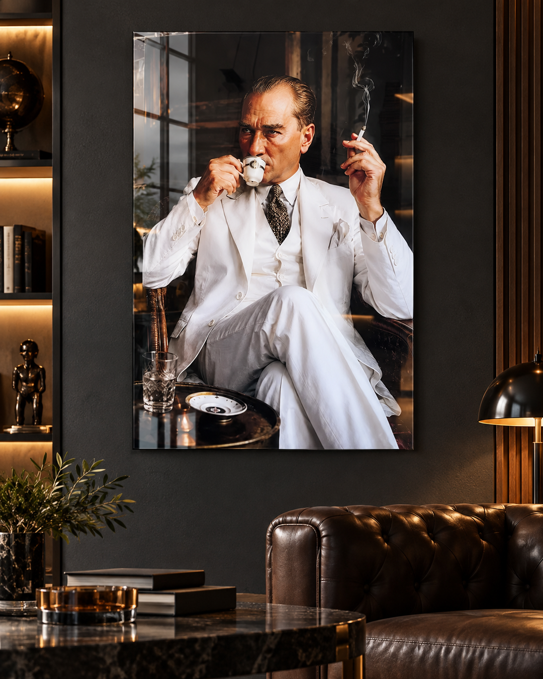 Beyaz Takım Elbiseli Atatürk Portresi Temperli Cam Tablo – görünüm 2