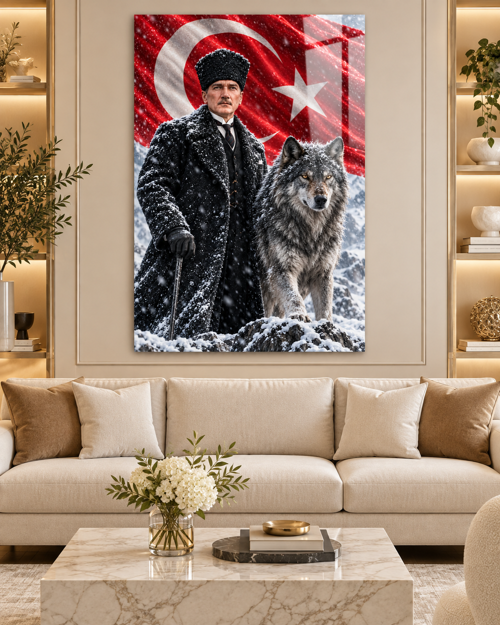 Atatürk, Bozkurt ve Türk Bayrağı Kış Manzaralı Temperli Cam Tablo – görünüm 2