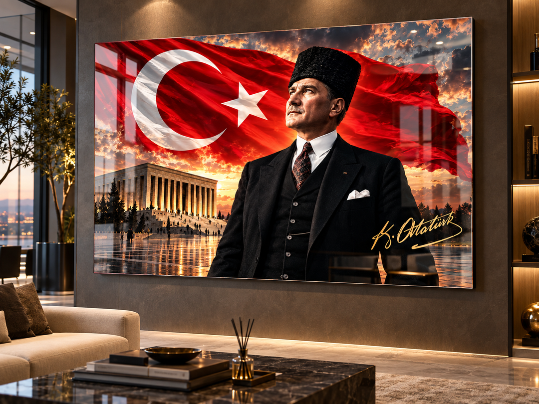 Atatürk ve Türk Bayrağı Temalı Temperli Cam Tablo – Model 11