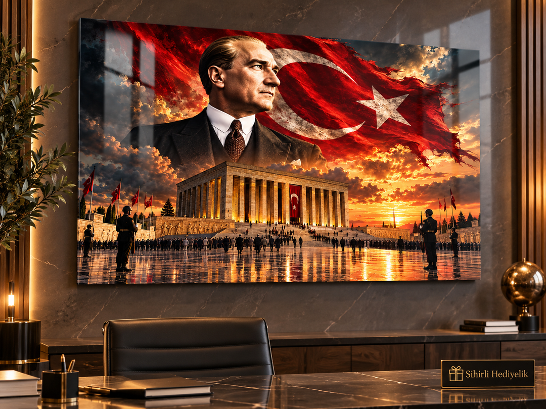 Atatürk, Türk Bayrağı ve Anıtkabir Temalı Temperli Cam Tablo – Model 31